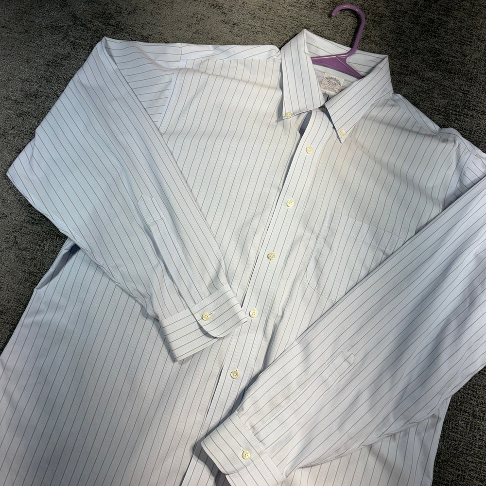 Brooks Brothers Shirt Mens 17.5-35 Blue Pinstripe Regent Non-Iron Supima Cotton